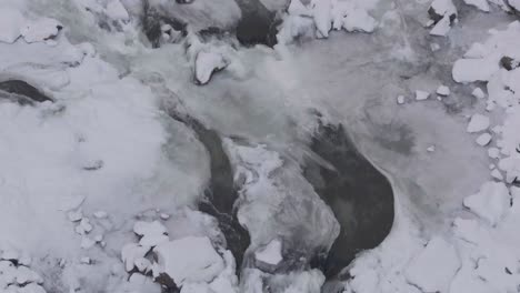 Top-down-aerial-view,-water-flowing-through-frozen-river-in-Anchorage,-Alaska-4k