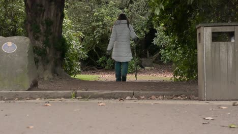 Woman-with-stick-walking-through-entrance-to-park