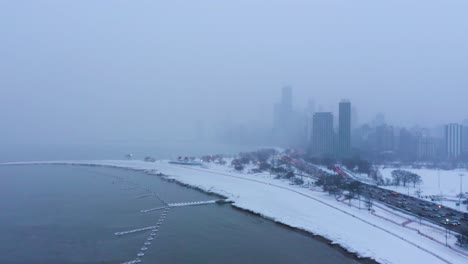 Imágenes-Aéreas-Del-Lago-Michigan-Congelado-Durante-El-Vórtice-Polar-De-2019,-Chicago,-Illinois