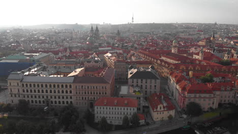 Aerial-cityscape-at-sunrise,-Prague,-Czech-Republic