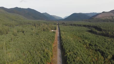 Aerial-view-of-managed-forest-and-highway-outside-Olympic-National-Park-in-Washington-state,-USA