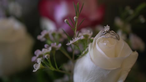 Bride's-wedding-ring-setting-in-a-flower-petal-on-a-bouquet---Slow-Motion-close-up-shot