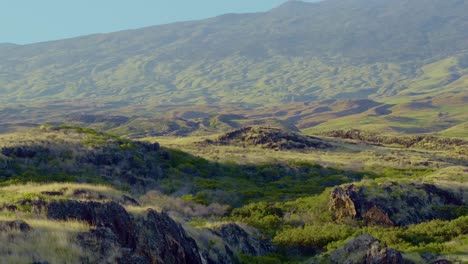 Vista-Aérea-De-La-Isla-Hawaiana-Maui-Con-Acantilados,-Rocas-Y-Su-Exuberante-Paisaje-De-Colinas-Verdes-Ondulantes