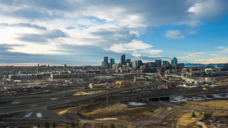 Aerial-Hyper-Lapse-of-Sunrise-in-Denver-Colorado-with-traffic
