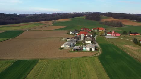 Dairy-farm-in-Slovenia,-Europe,-with-barns-and-silos,-surrounded-with-fields,-village-of-Desenci,-Destrnik-county,-agribusiness-and-landscape-of-central-Europe