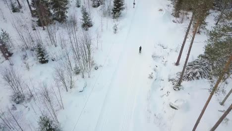 Aerial,-drone-shot-of-high-speed-professional-cross-country-skiing-in-Finland