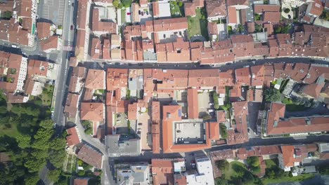 Areal-drone-shot-of-a-small-neighborhood-with-red-roofs