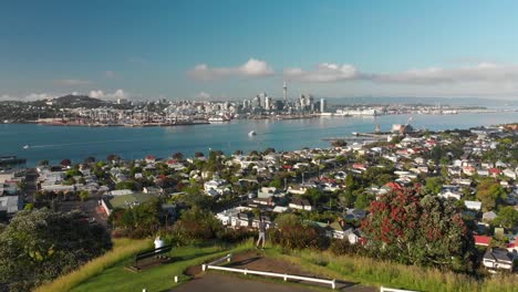 Aerial-shot-from-Mount-Victoria-of-Auckland-skyline-with-Sky-Tower,-New-Zealand