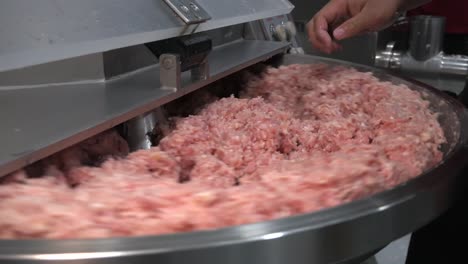 Wurst-Fleisch-Prozess-Fabrik-Produktion-Handgemacht-Geräuchert-Gekocht-Wrap-Hackfleisch-Gewürz