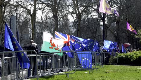 Row-of-flags-outside-Parliament-waving-in-wind-for-Brexit,-London,-UK
