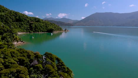 SLOWMO---Aerial-shot-of-sail-boats-and-bays-in-Queen-Charlotte-Sound,-Marlborough-Sounds,-South-Island,-New-Zealand