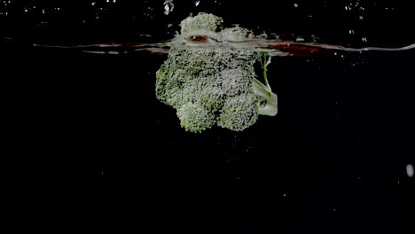 Colorful-branch-of-broccoli-being-dropped-into-water-in-slow-motion
