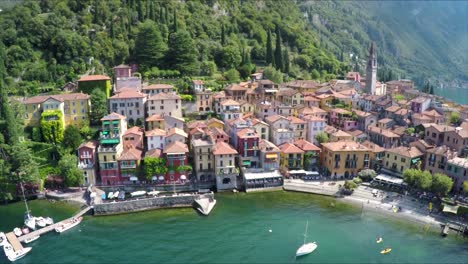 Aerial-drone-footage-over-the-beautiful-town-of-Varenna,-Lake-Como,-Italy