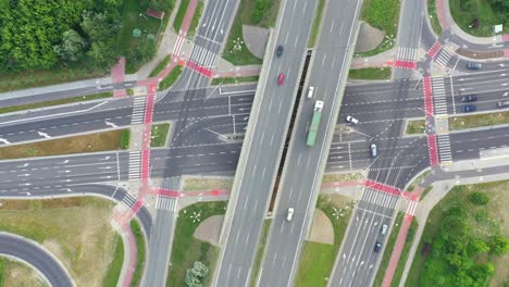 Aerial-view-over-a-highway-interchange-during-peak-hour-traffic