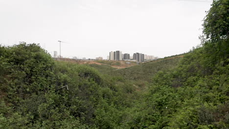 Cámara-Caminando-Entre-Las-Verdes-Colinas-En-Dirección-A-Nuevos-Edificios-Residenciales-En-El-Horizonte