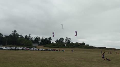 Four-people-flying-highly-maneuverable-stunt-kite-in-coordination-on-a-cloudy-windy-day-in-a-grass-field-at-Fort-Casey