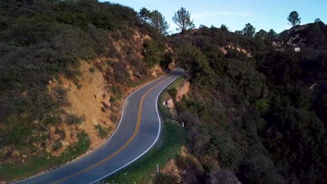 Tree-Tunnel-on-Mountain-Road-along-Steep-Cliff-at-Dawn,-Drone-Dolly-In