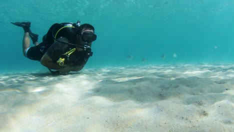 A-scuba-diver-swimming-along-a-sandy-beach-underwater