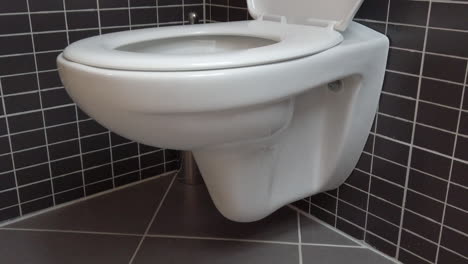Toilet-bowl,-lavatory-in-modern-bathroom-with-black-and-grey-tiles,-HD-1080p,-upward-tilt,-open-lid