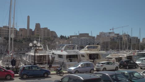 Travelling-along-Msida-Yacht-Marina-in-Pieta,-Malta-circa-March-2019