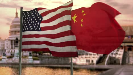 CGI-3D-Animation-Der-US-Flagge-Und-Der-China-Flagge-über-Einem-Zusammengesetzten-Hintergrund-Aus-Washington-Und-Peking