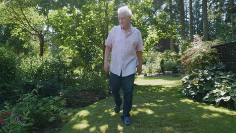 Older-man-walks-in-garden-with-shrubs,-flowers,-sun-flare,-tilt-up