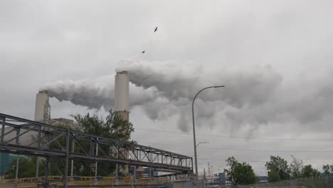 Coal-fired-electrical-plant,-steam,-smoke,-pollution-rising-from-twin-stacks,-power-generation,-clean-coal
