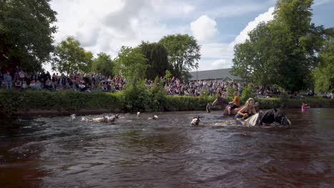 Tausende-Menschen-Genießen-Das-Spektakel-Der-Zigeuner-Und-Reisenden-Auf-Der-Appleby-Horse-Fair-In-Cumbria,-Die-Ihre-Pferde-Im-Fluss-Eden-Waschen