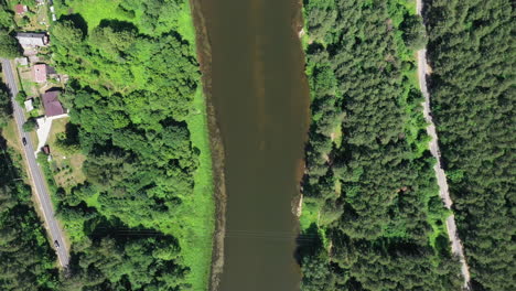AERIAL:-Camera-Faced-Down-Shot-of-River-Bank-and-Forest-with-Green-Trees-on-Each-Side-of-the-River