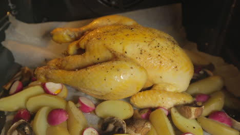 time-lapse-roasting-chicken-in-the-oven-with-vegetables,-delicious-roast-chicken-dinner