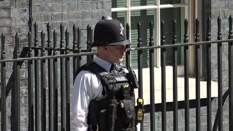 Un-Oficial-De-Policía-Se-Encuentra-Fuera-De-10-Downing-En-Londres,-Reino-Unido.