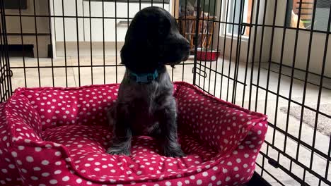 Cute-Spaniel-Puppy-Dog-in-Red-Bed-in-Cage-is-Happy-to-See-Owner,-SloMo