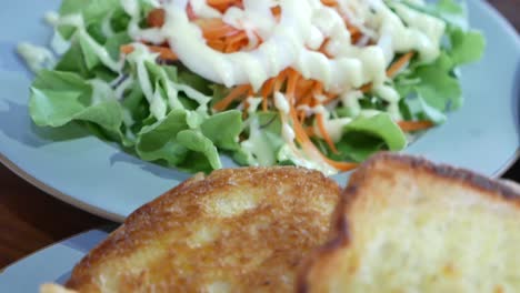 Close-Up-Footage-of-Fries-and-Toast-With-Mix-Salad-in-Background