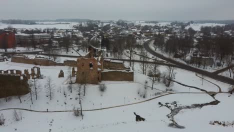 Ruins-of-Ancient-Livonian-Order's-Stone-Medieval-Castle-Latvia-Aerial-Drone-Top-Shot-From-Above