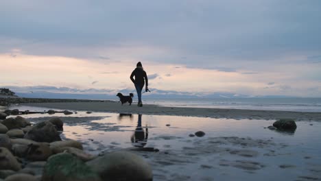 Frau-Geht-Mit-Hund-Spazieren-Und-Spielt-An-Der-Küste