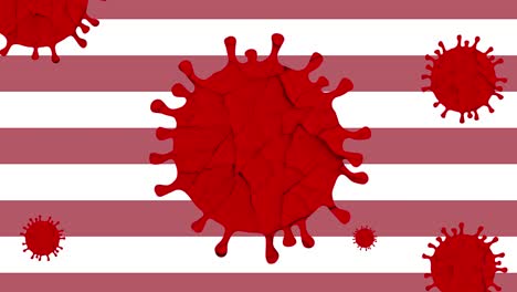 Corona-Viruszelle-Dreht-Sich-Mit-Amerikanischen-Flaggenstreifen-Im-Hintergrund