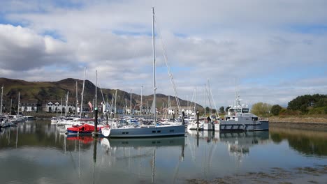 Fisheries-official-boat-and-yachts-moored-on-sunny-luxury-Conwy-marina-North-wales
