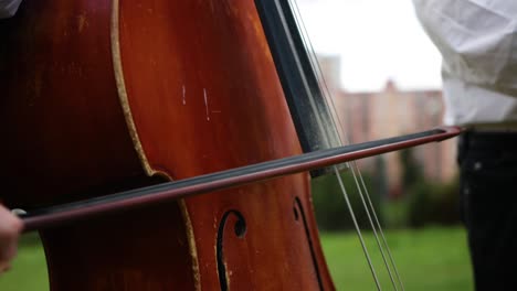 Close-Up-Playing-On-Double-Bass,-Outdoors,-Musical-Instrument-Concept