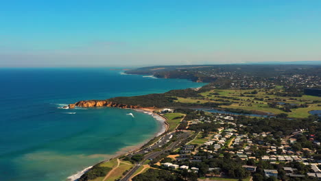 AERIAL-Over-Torquay-and-Jan-Juc-Australia,-Victoria-On-A-Sunny-Day