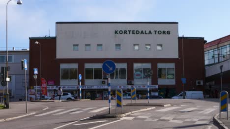 Panoramic-exterior-view-of-Kortedala-centre-in-Gothenburg,-Sweden