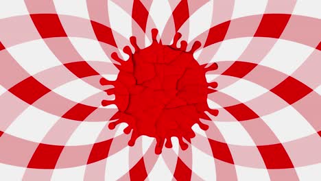 Representation-of-a-SARS-COV-2-cell-spinning-in-a-red-and-white-butterfly-spiral-background,-covid-19-particle-2D-animation-4K-60-ffs