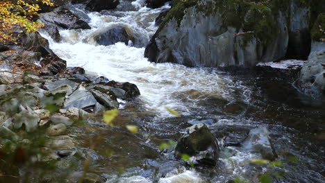 Agua-Que-Fluye-Rápidamente-Por-Afon-Conwy,-Gales