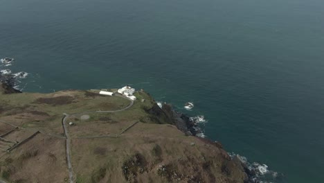 Aerial-view-of-Mull-of-Kintyre-lighthouse-in-Argyll-and-Bute,-Scotland