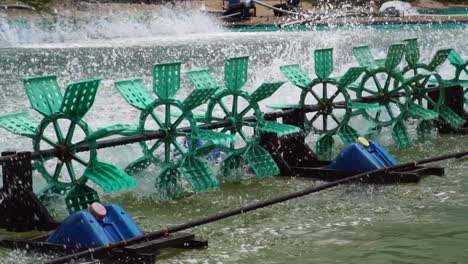 Paddle-Wheel-Working-And-Spinning-On-A-Shrimp-Farm-For-Aquaculture-At-Son-Hai,-Vietnam