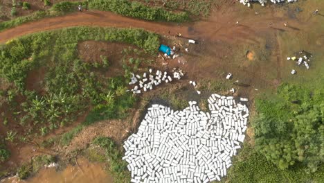 Aerial-birds-eye-view-shot-of-a-charcoal-industry-soaking-up-water-on-the-shores-of-lake-Victoria-polluting-the-water-in-Africa