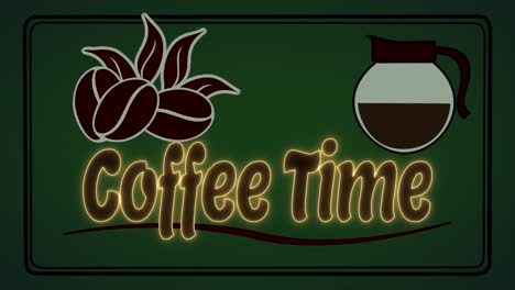 Lebendige-Und-Klassische-Animierte-Bewegungsgrafik-Einer-Kaffeekanne,-Die-Sich-Eingießt,-Um-Die-Worte-„Kaffeezeit“-Zu-Offenbaren,-Mit-Stilvollem-Kaffeebohnen--Und-Blättermotiv-Und-Einem-Satten-Grünen-Hintergrund