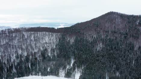 Aerial-crane-reveal-shot,-panoramic-snowy-winter-landscape-behind-forested-ridge,-cloudy-day