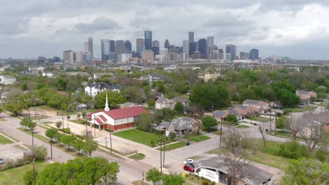 Aerial-of-Third-Ward-Houston-landscape-as-downtown-Houston-sits-in-background