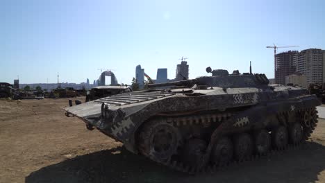 Captured-Armenian-tank-on-display-in-Trophy-park,-Baku,-Azerbaijan