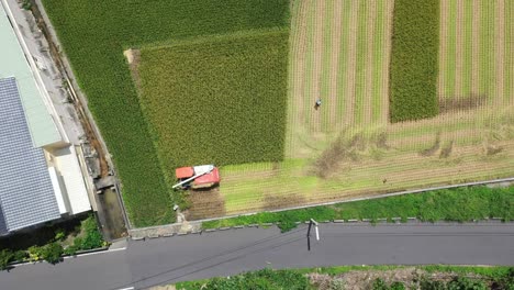 Luftaufnahmen-Von-Drohnen-Kultiviertes-Reisfeld,-Landwirt-Erntet-Die-Feldfrüchte-Mit-Multifunktionaler-Reiserntemaschine,-Reiserntemaschine,-Traktor-In-Der-Stadt-Doliu-Yunlin,-Taiwan
